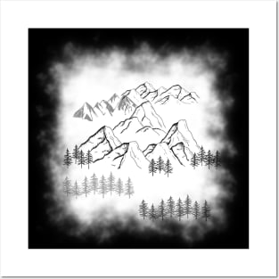 Black and White ombre forest mountain landscape Posters and Art